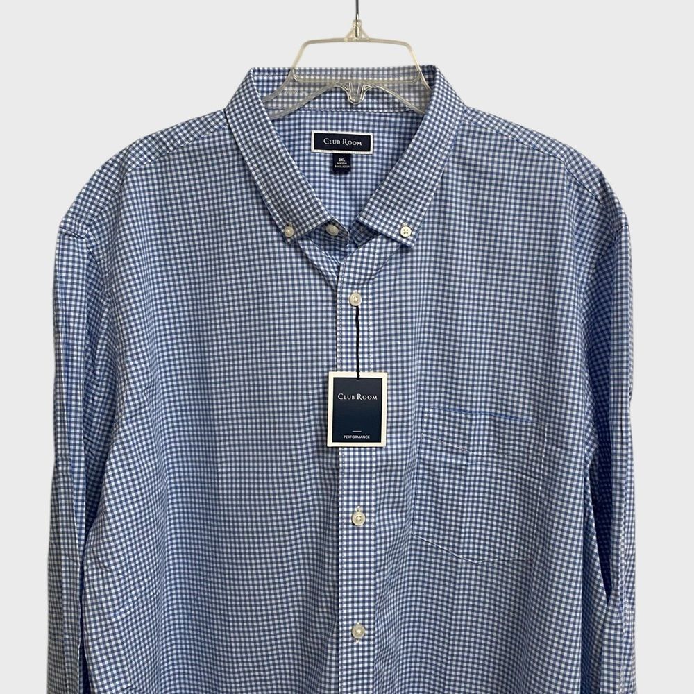NWT Club Room Performance Button Down Shirt Men's Sz 3XL Blue White Check Preppy - Picture 2 of 16